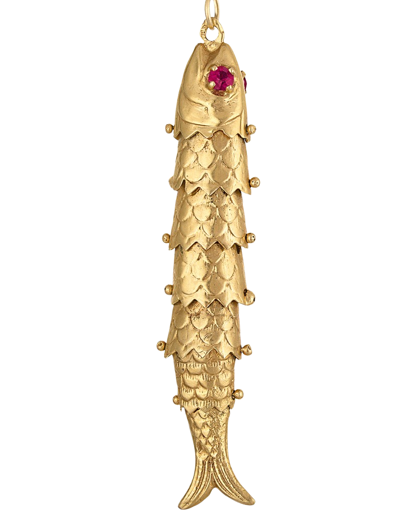 Vintage Extra Large Movable Ruby Eyed Fish 14k Gold Charm